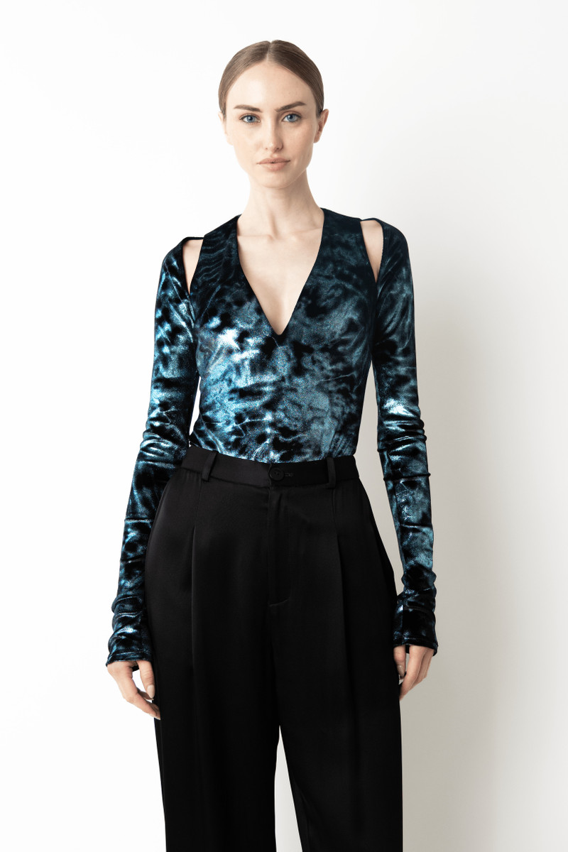 LAPOINTE Foil Velour V Neck Bodysuit outlook