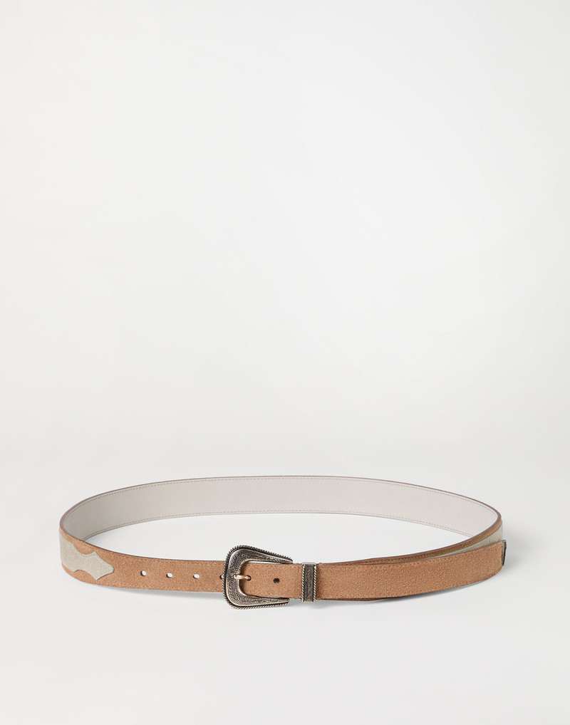 Two-tone reversed calfskin belt with detailed buckle and tip 1