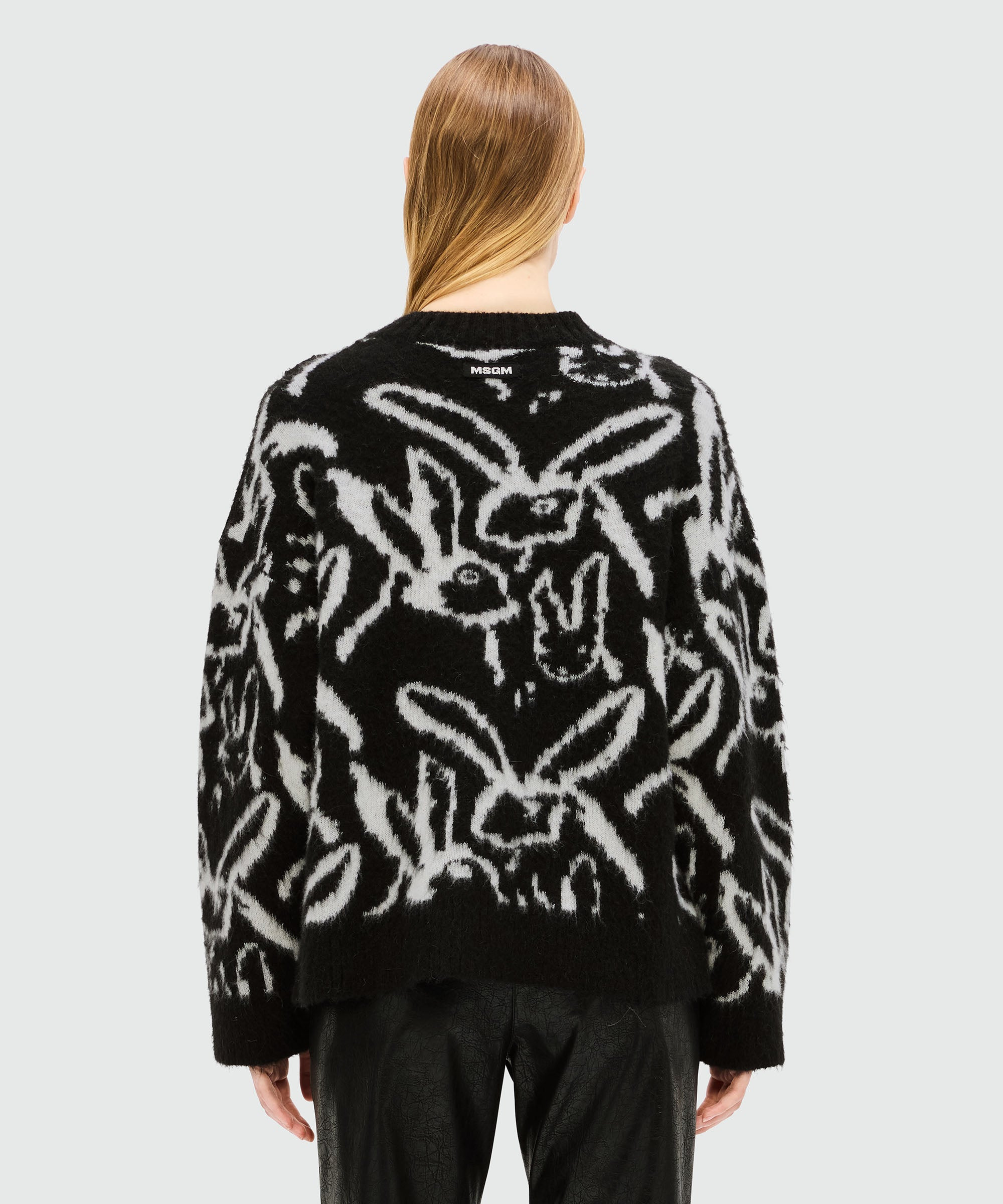 Black brushed mohair sweater with "Sketched Bunnies" jacquard pattern - 3