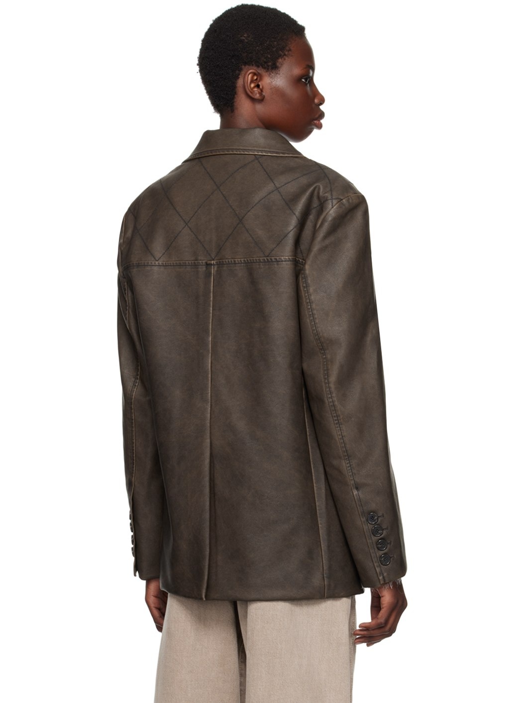 Brown Stitched Faux-Leather Blazer - 3