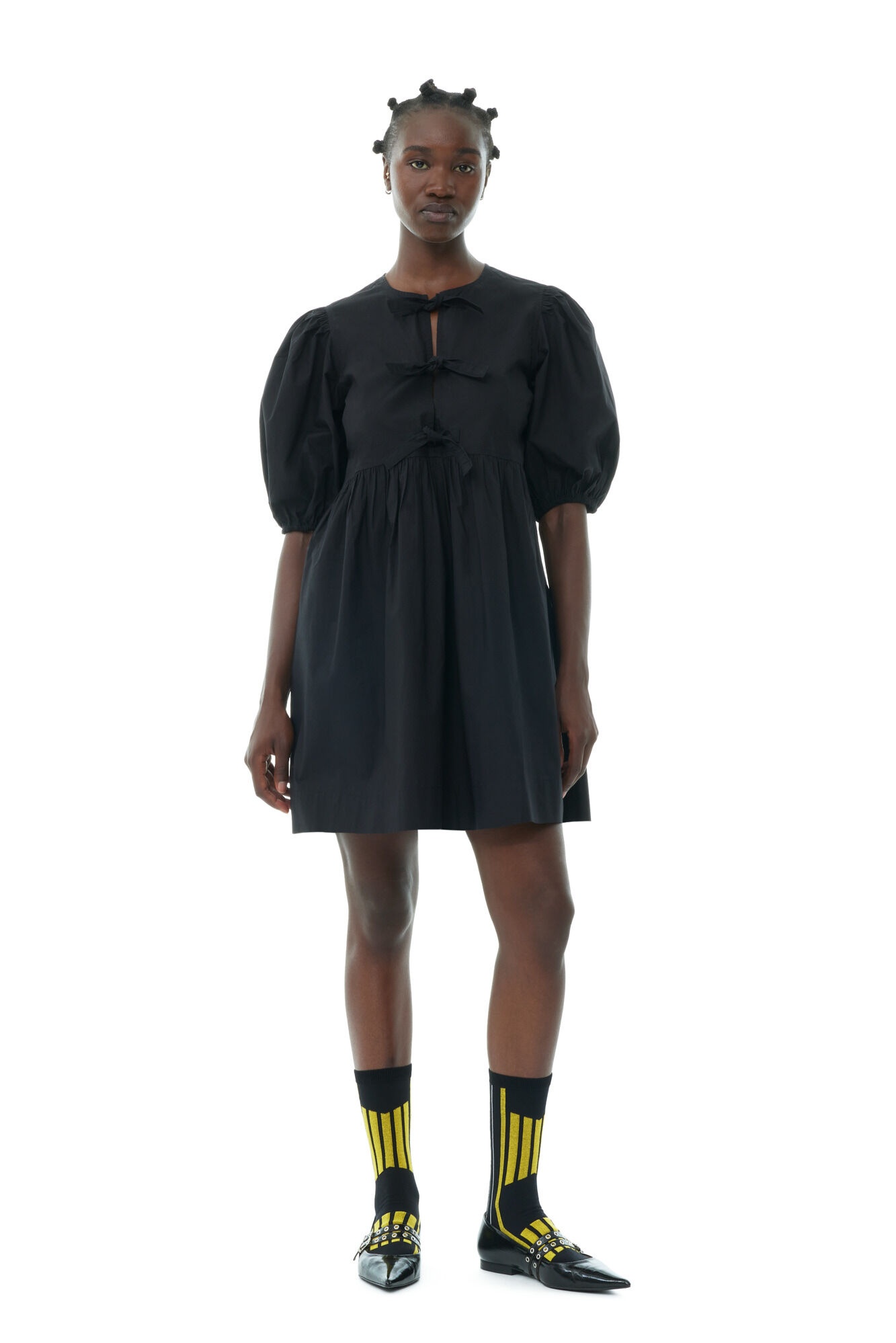 BLACK COTTON POPLIN TIE STRING MINI DRESS - 2