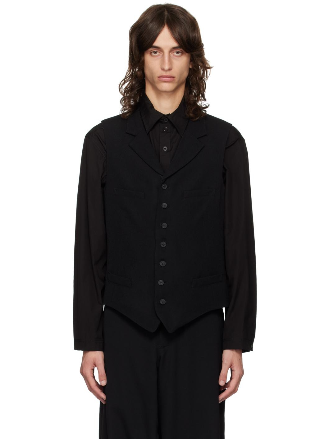 Black Notched Lapel Gabardine Waistcoat - 1