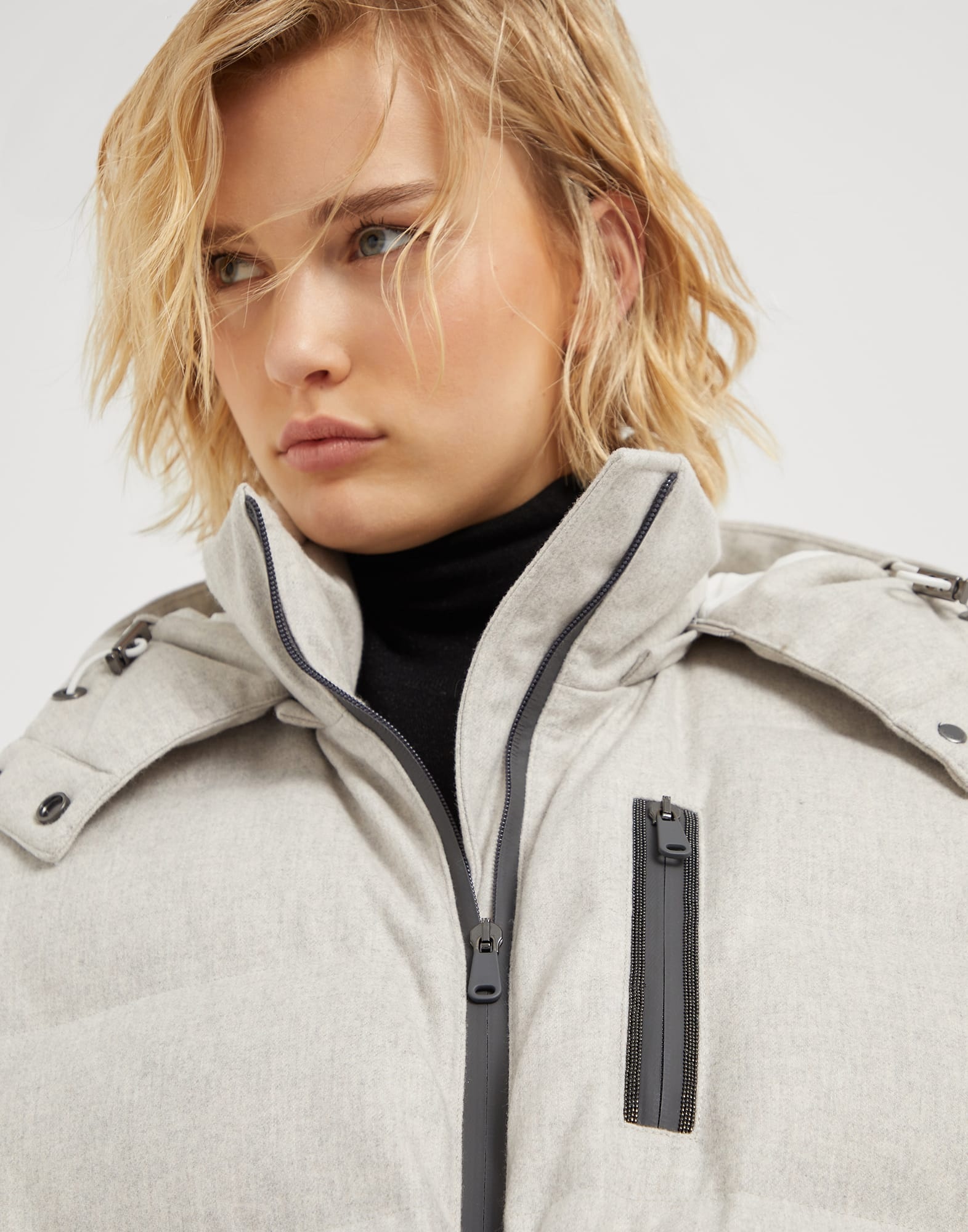 Bonded virgin wool flannel mountain down jacket with detachable hood and precious zip detail - 3