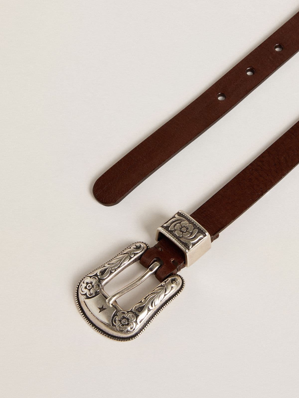 Women's dark brown leather belt with decorated silver buckle - 2
