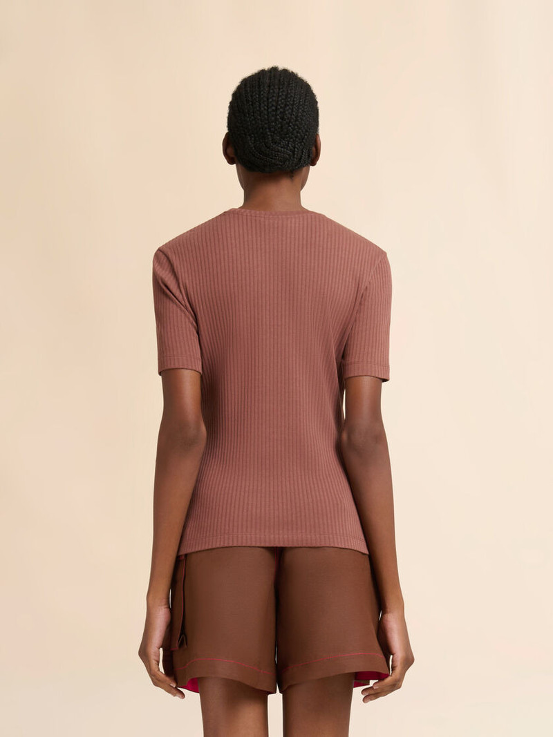 BROWN RIBBED COTTON T-SHIRT WITH MARNI FRAME LOGO 3