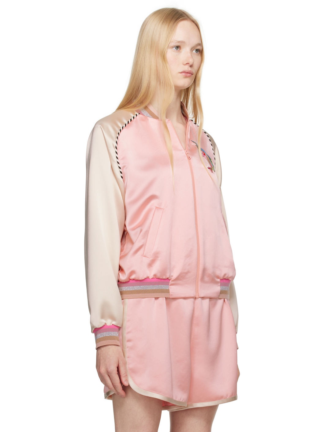 Pink Satin Embroidered Souvenir Bomber Jacket - 2