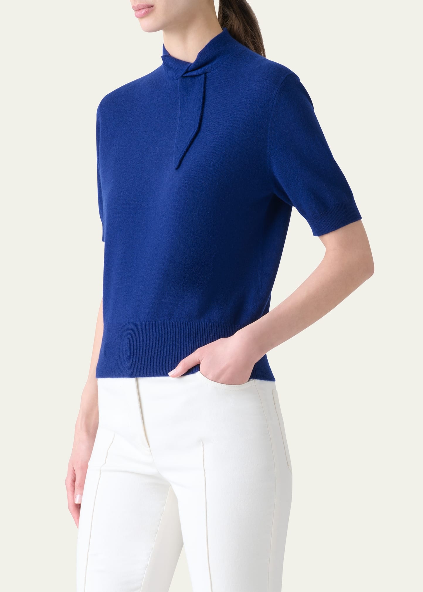 Neck-Tie Cashmere Short-Sleeve Sweater - 4