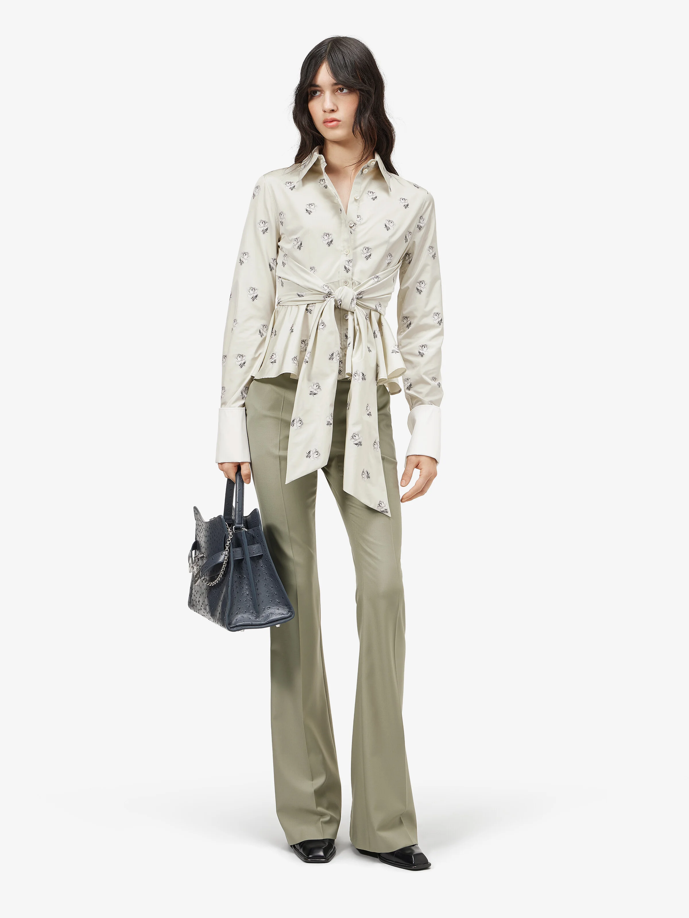 Women's Taffeta Rose Jacquard Self-tie Shirt in Light Green - 1