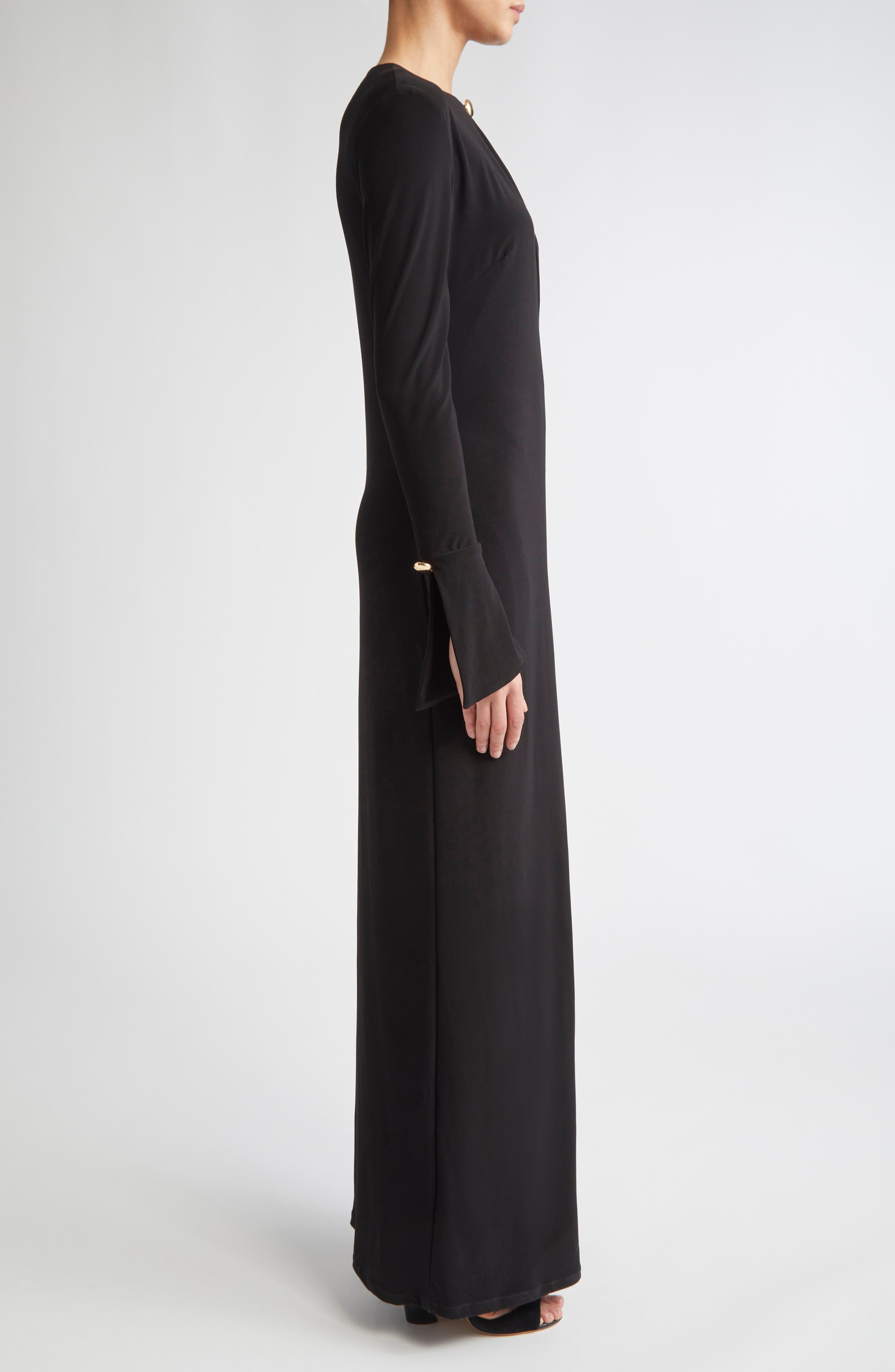 Brandon Maxwell Sylvie Plunge Neck Long Sleeve Gown in Black at Nordstrom - 3