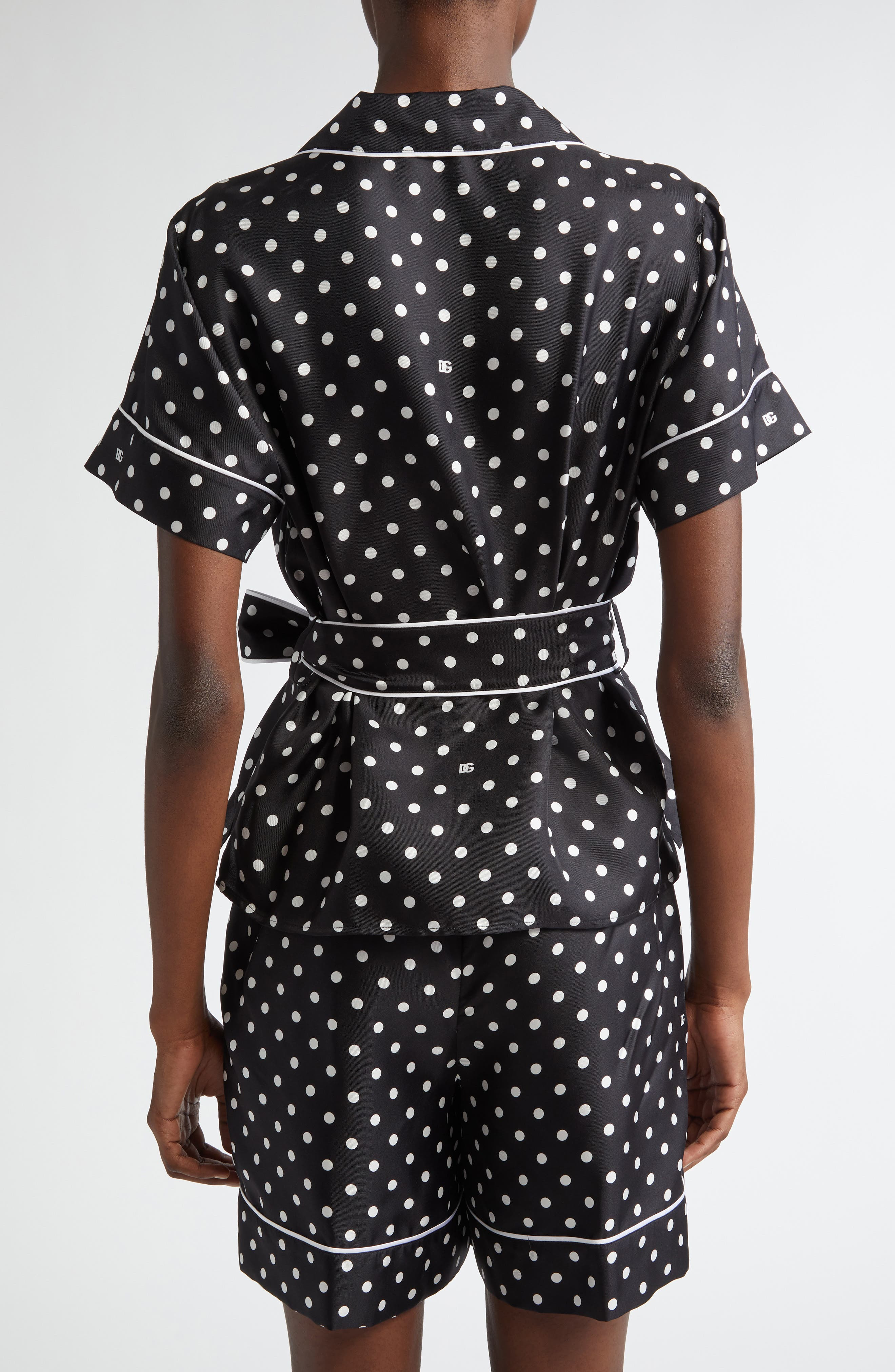 Dolce&Gabbana Polka Dot Belted Silk Pajama Shirt in Nero at Nordstrom - 3