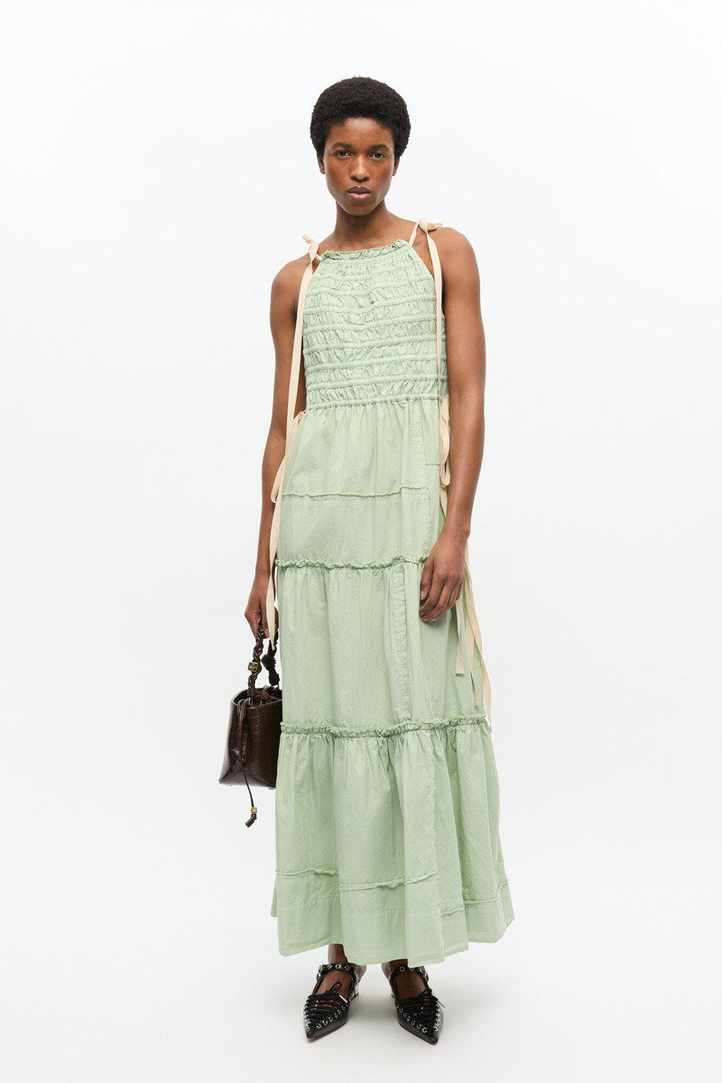 GANNI LIGHT GREEN SMOCKED TIERED DRESS outlook