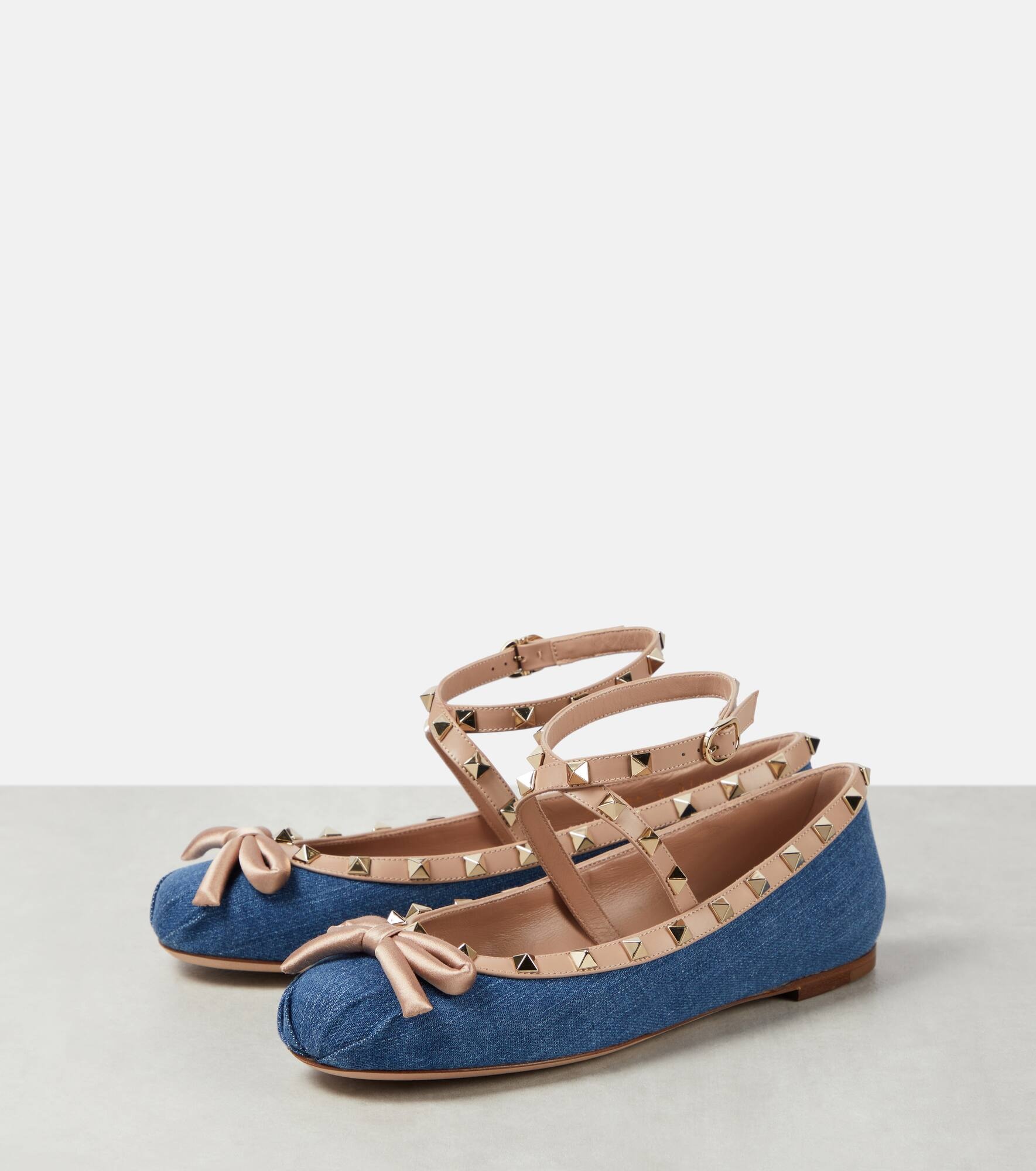 Rockstud leather-trimmed denim ballet flats - 5