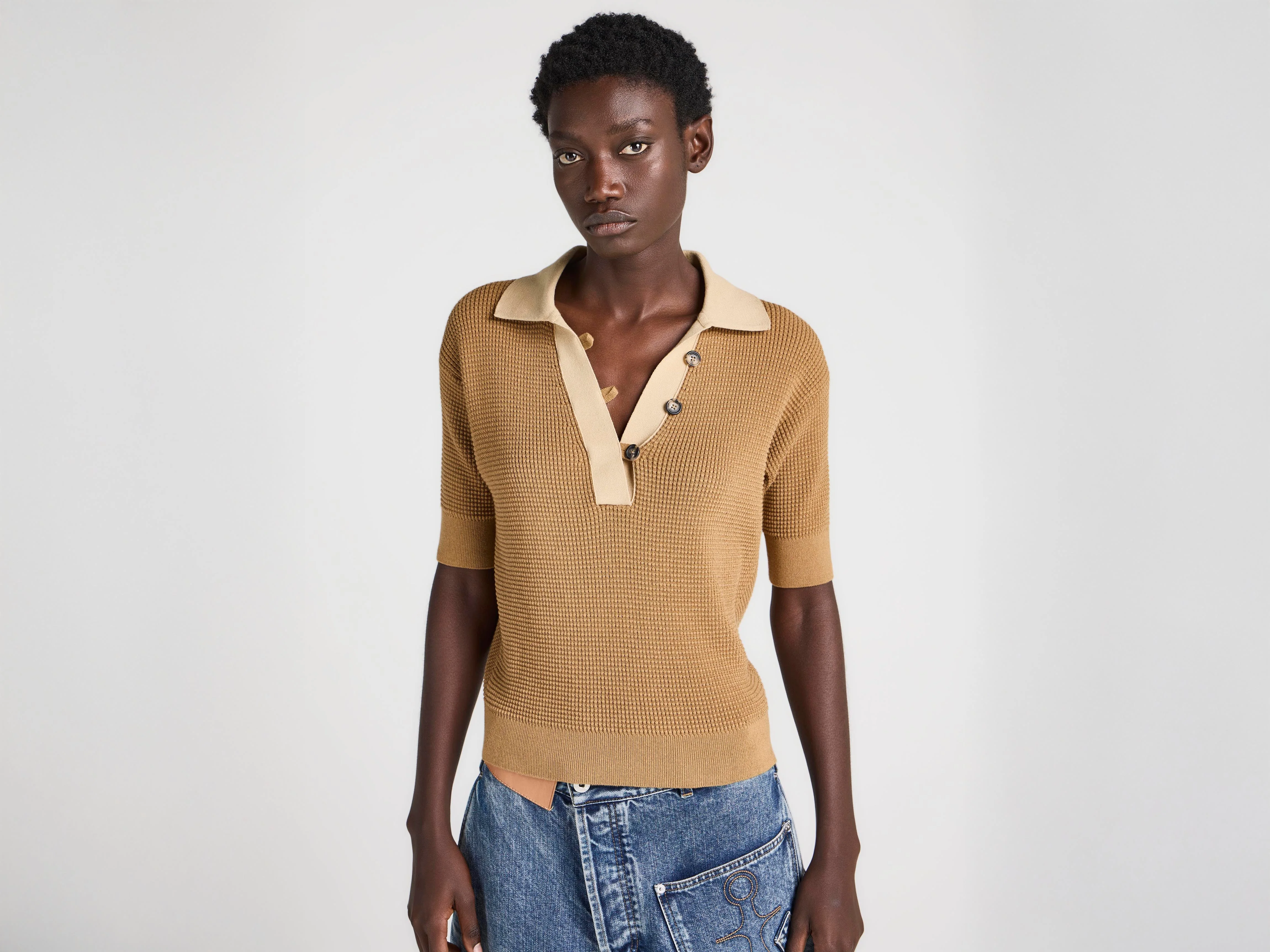 WOMENS KNITTED POLO TOP IN BUTTERSCOTCH - 1