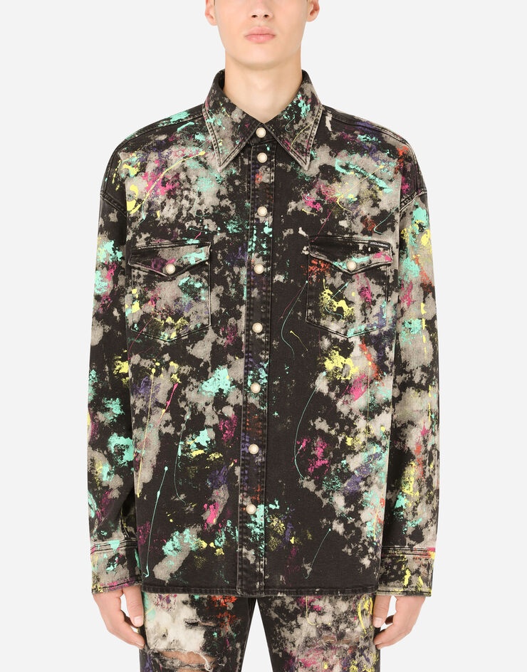 Black denim shirt with marbled print - 1