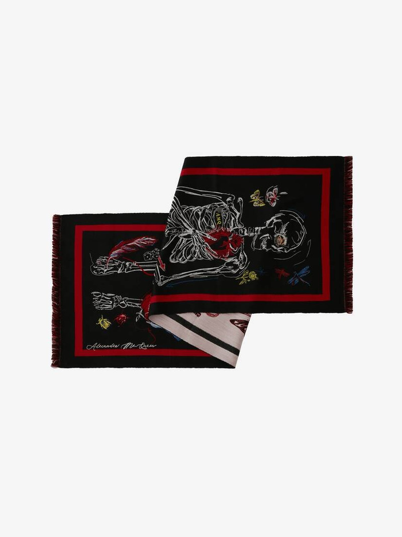 Alexander McQueen Doodle Skeleton Jacquard Scarf in Black/red outlook