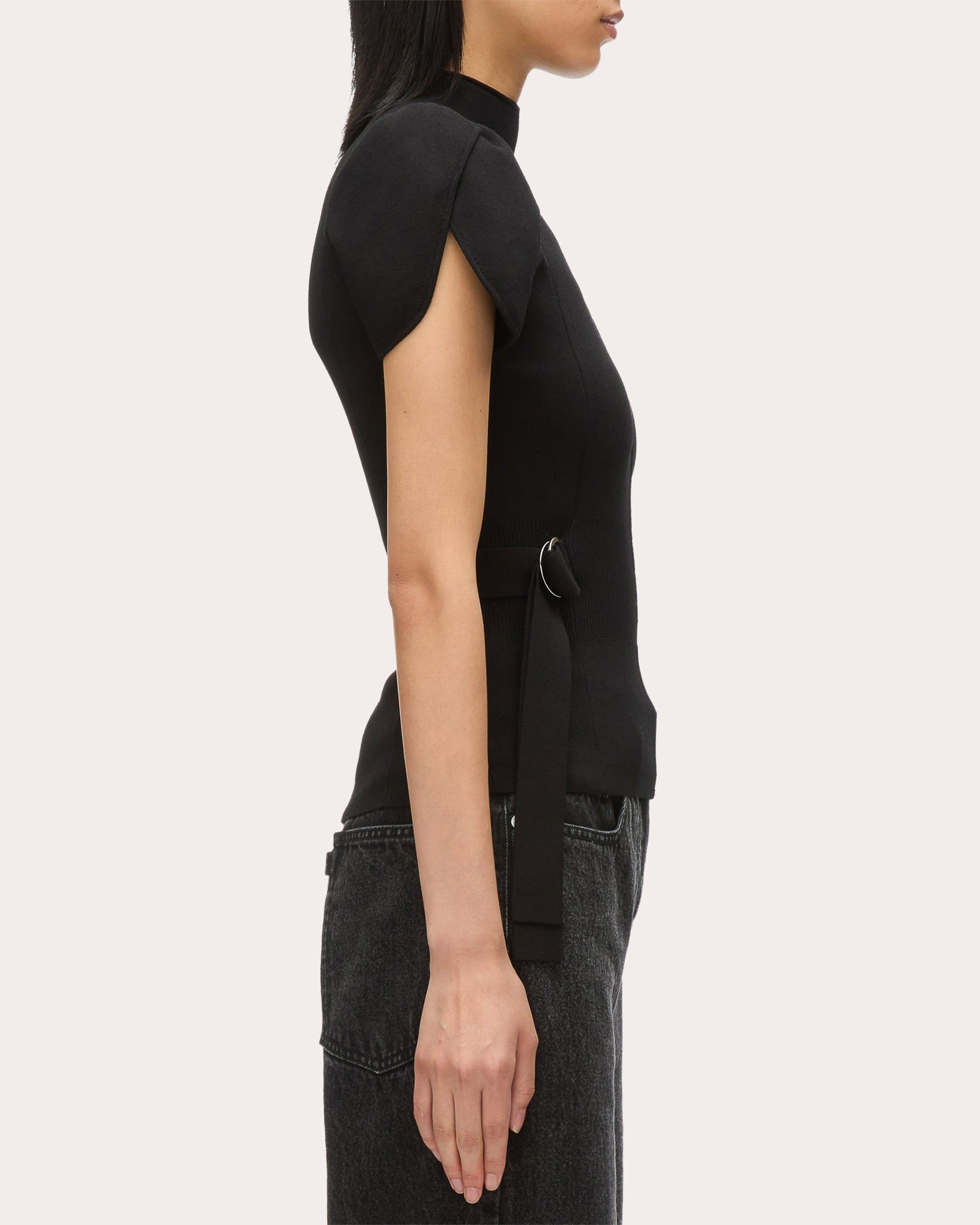 Compact Rib Knit Mock Neck Tulip-Sleeve Top - 4