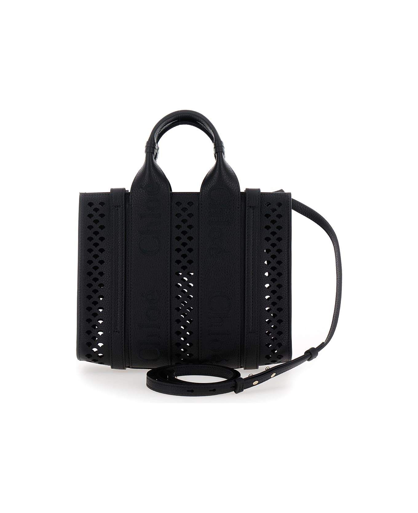 'piccola Woody' Black Tote Bag With Perforated Edges And Logo In Grained Leather Woman - 2