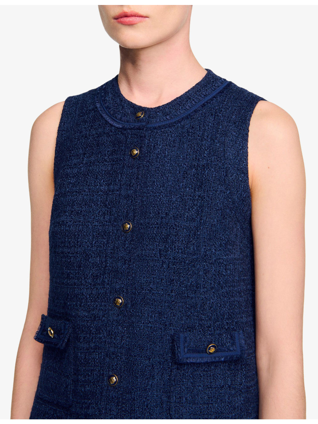 Flap-Pocket Sleeveless Tweed Mini Dress - 5