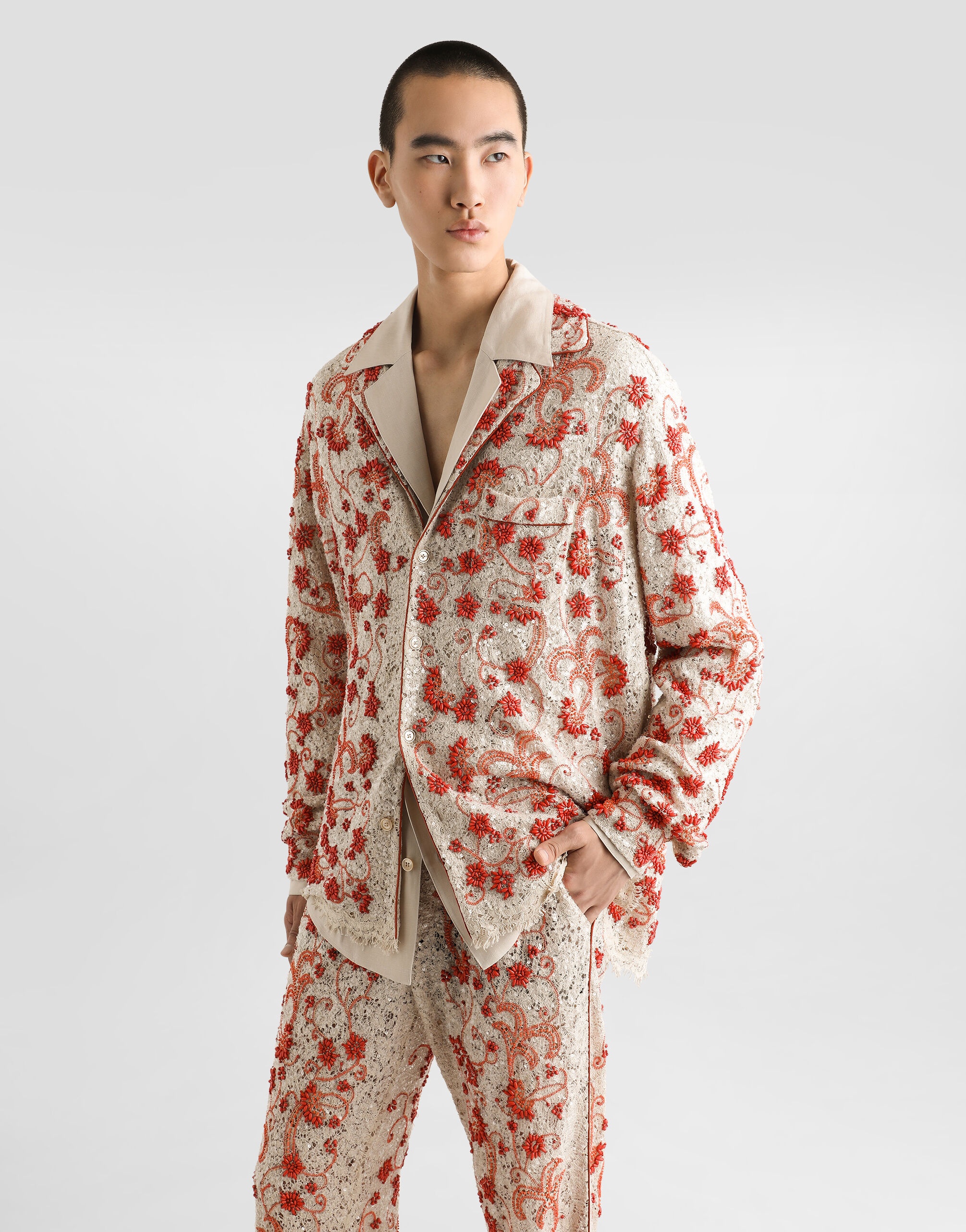Long-sleeved lace shirt with coral embroidery - 5