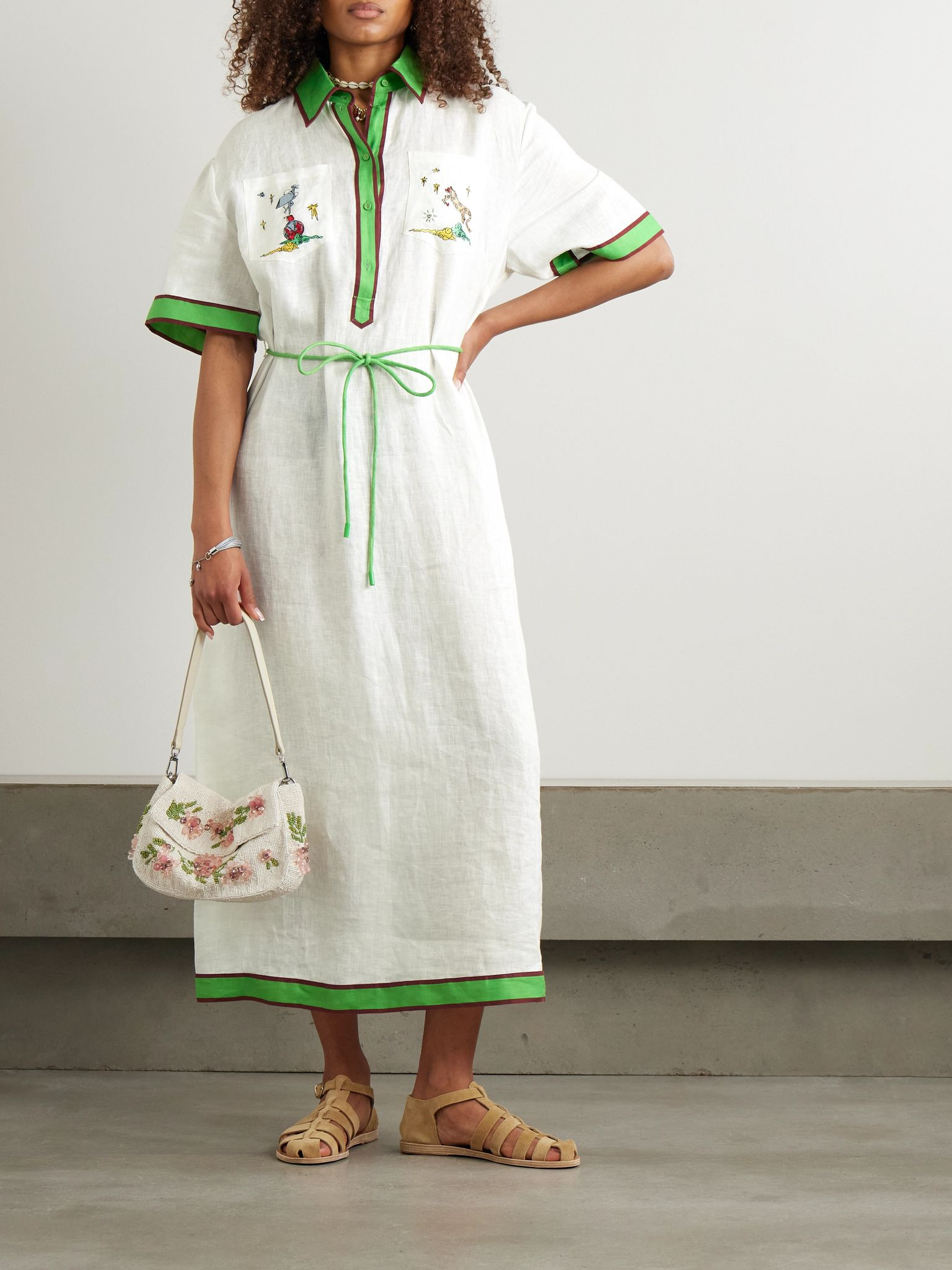 + Anouk Colantoni Play belted embroidered linen-gauze midi shirt dress Cream - 2