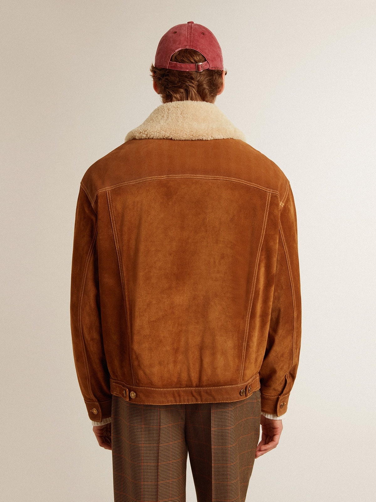 Men's jacket in tobacco-colored split leather with a shearling collar - 4