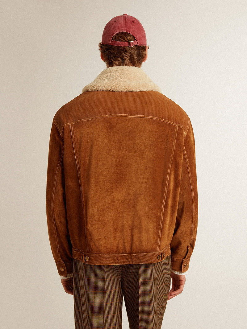 Men's jacket in tobacco-colored split leather with a shearling collar 4