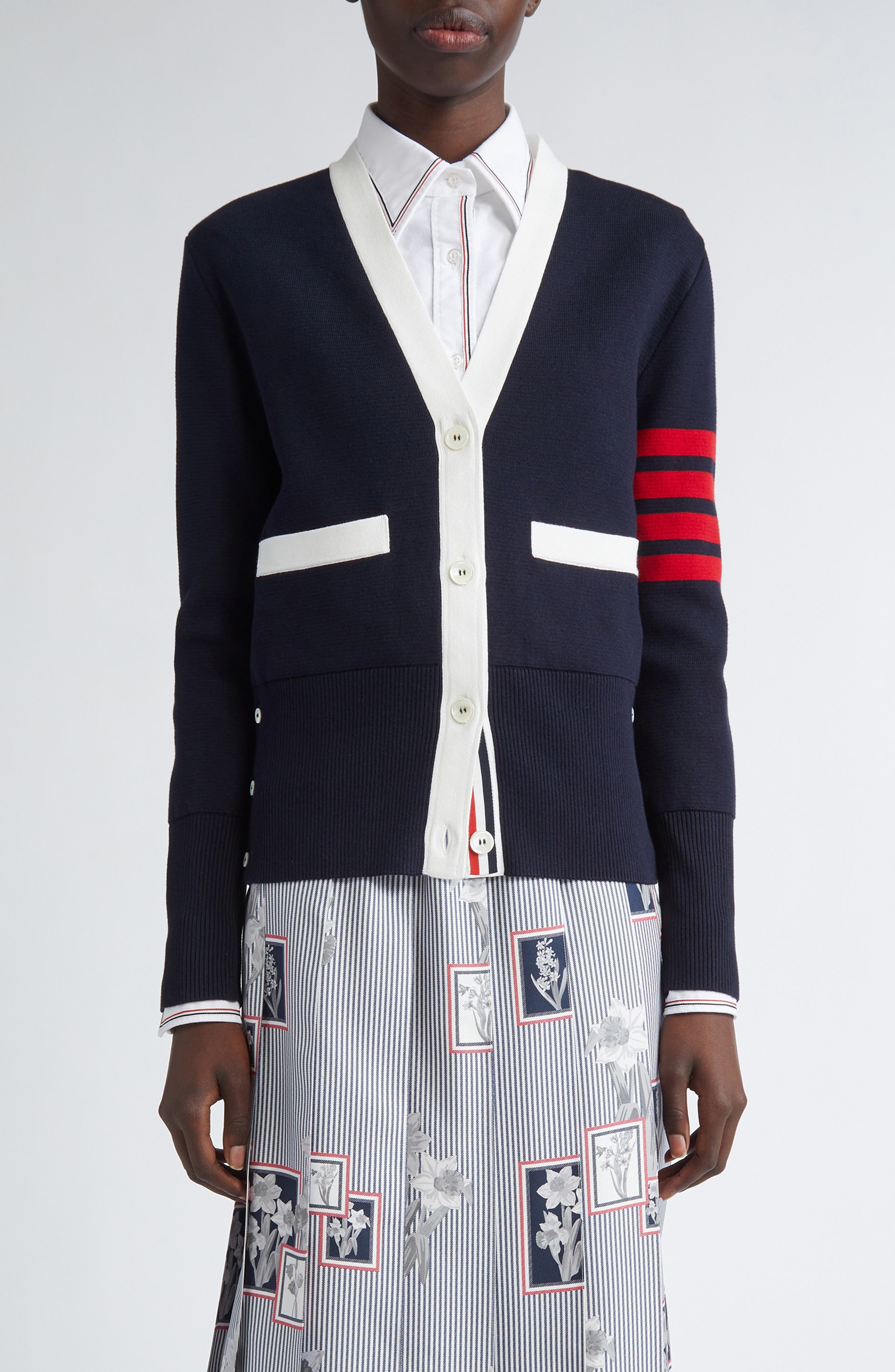 Thom Browne 4-Bar Contrast Trim Cotton Cardigan in Navy at Nordstrom - 1
