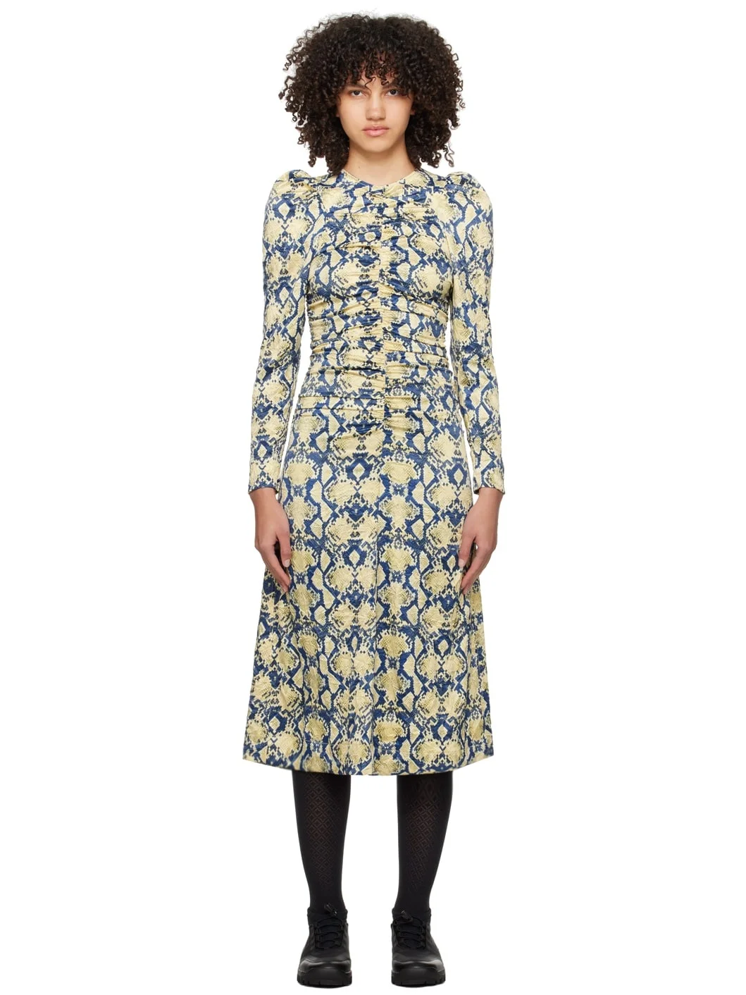 Blue & Beige Snake Printed Midi Dress - 1