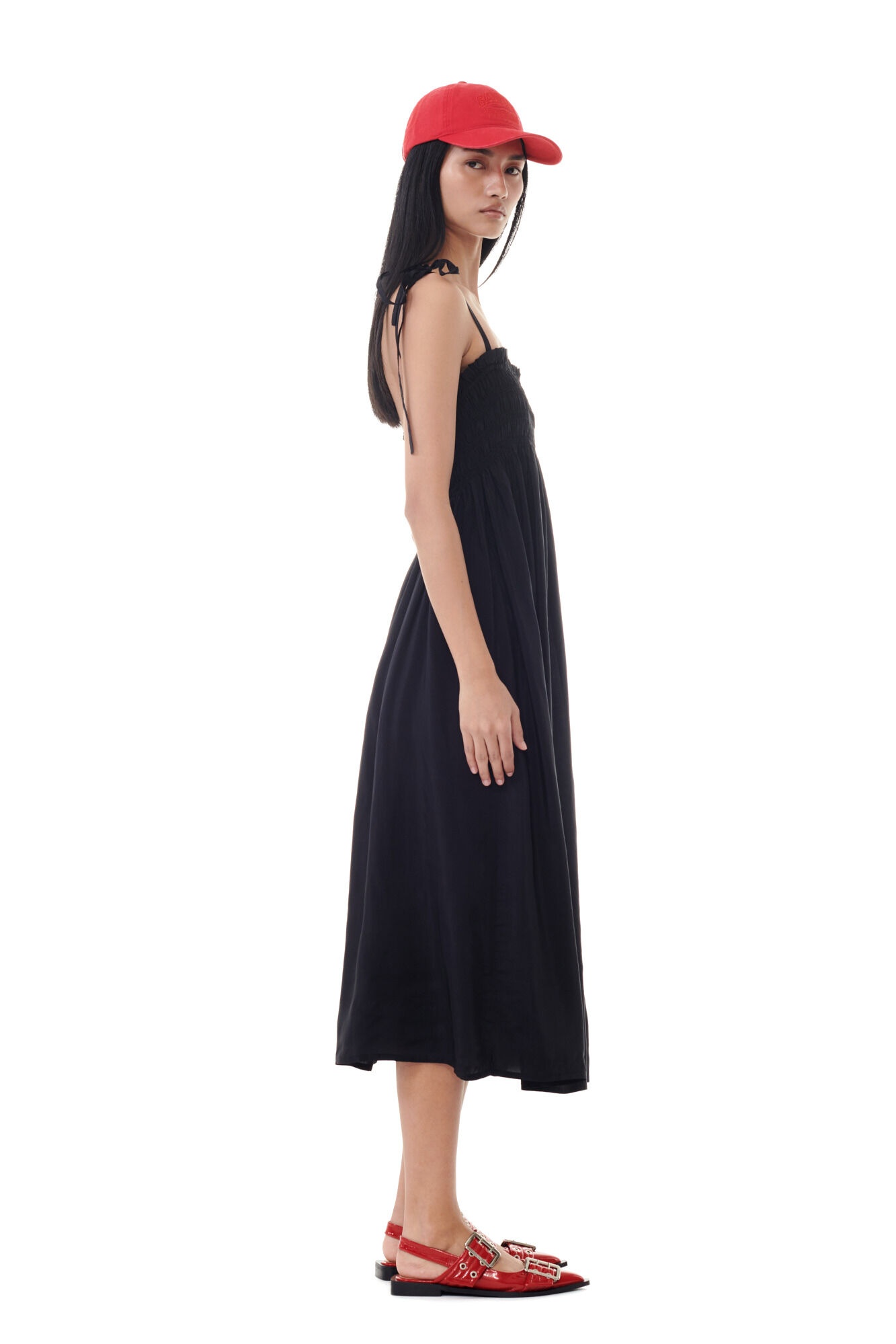 BLACK VISCOSE HABOTAI MIDI SMOCK STRAP DRESS - 4