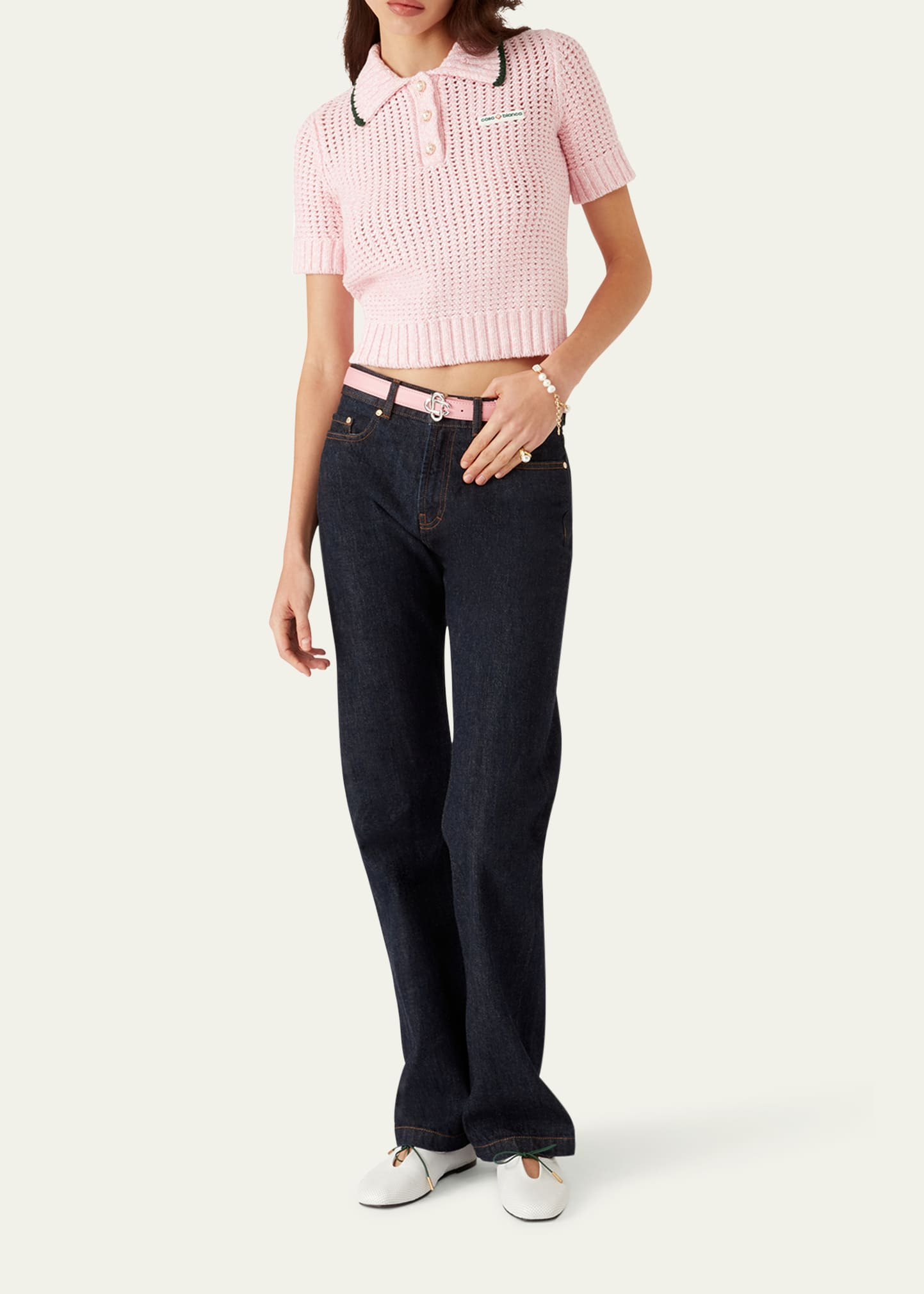 Mouline Crochet-Knit Cropped Polo - 2