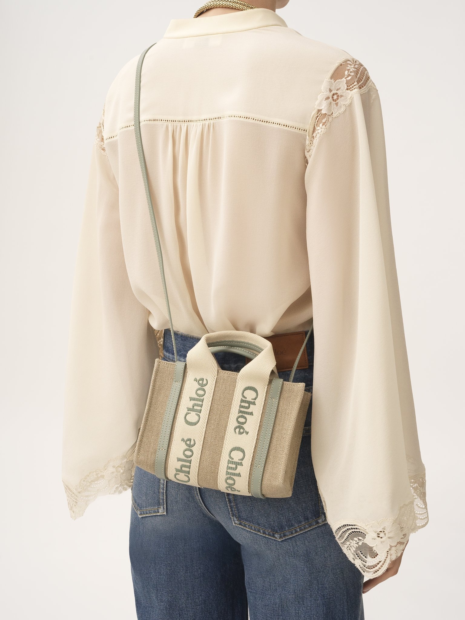 MINI WOODY TOTE BAG IN LINEN & LEATHER - 2