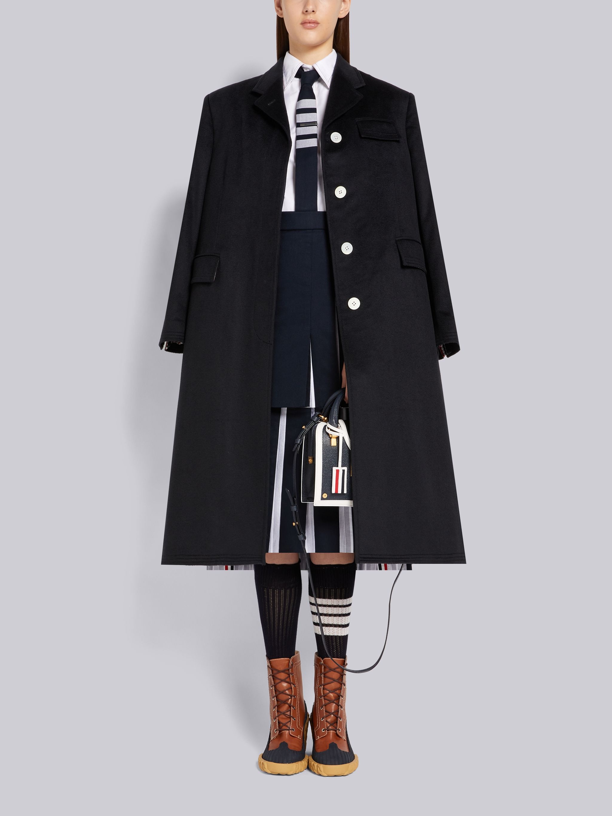 Navy Zibeline Finish Coat Weight Cashmere Oversized Chesterfield Coat - 4