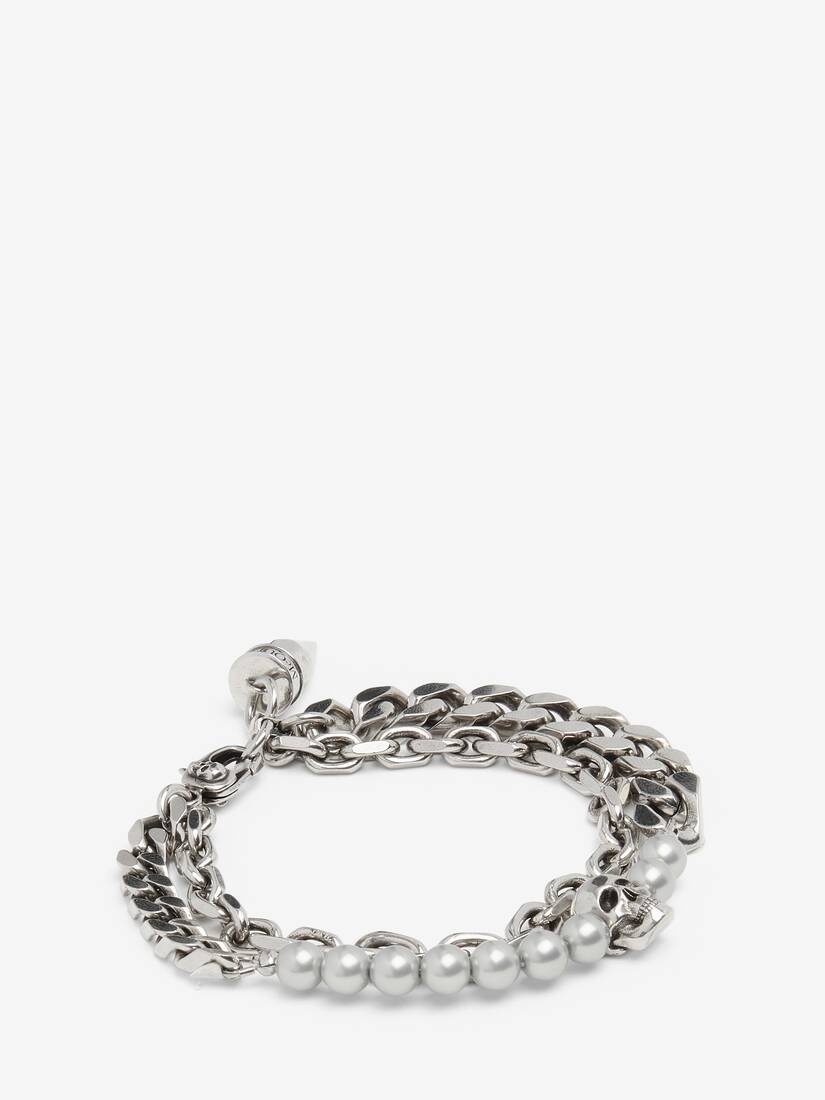 Men's Pearl And Skull Stud Bracelet in Antique Silver - 2