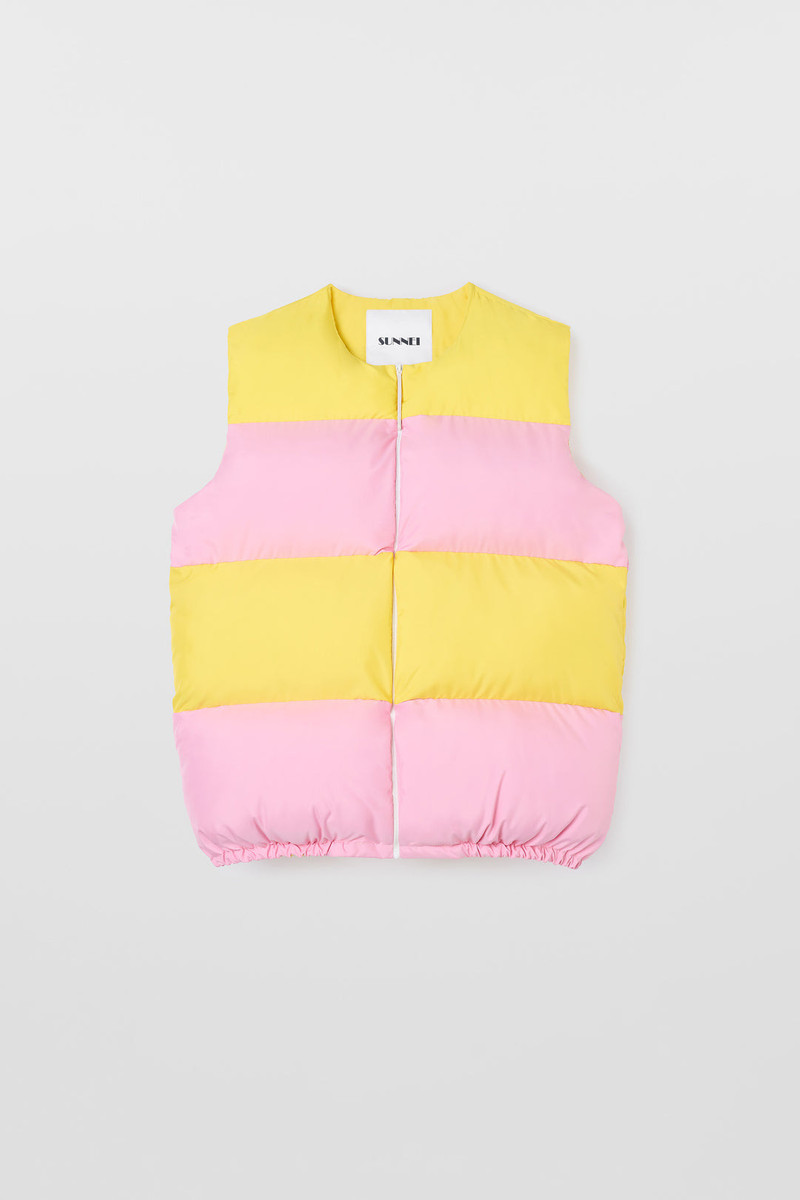 PUFFY GILET / pink & bright yellow 1