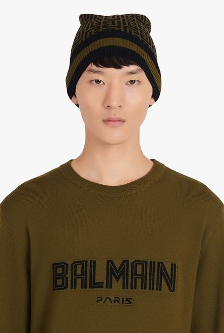 Khaki and black wool beanie with Balmain monogram - 3