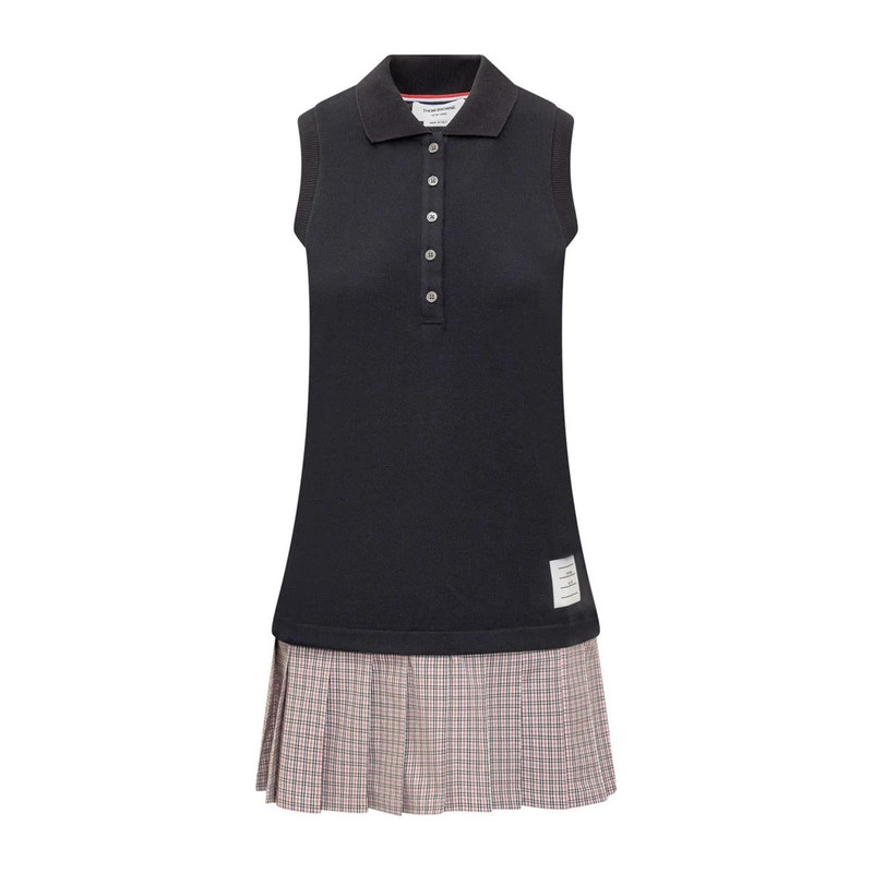 Thom Browne Classic Pique Check Poplin Mini Pleated Polo Dress outlook