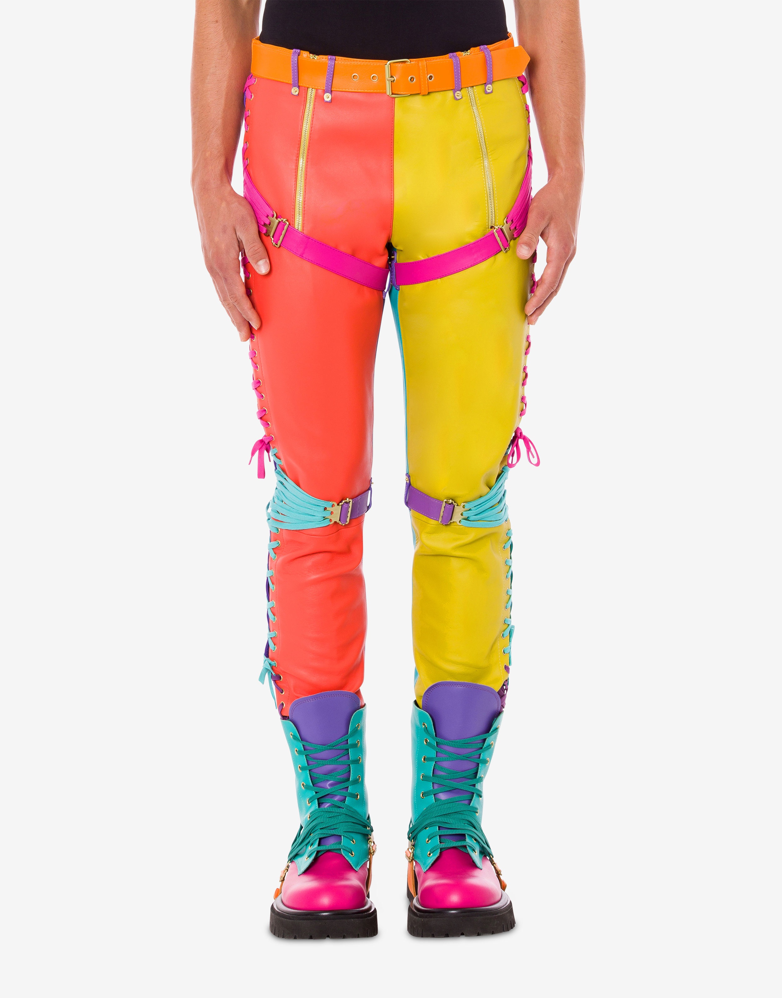 COLOUR-BLOCK NAPPA LEATHER TROUSERS - 2