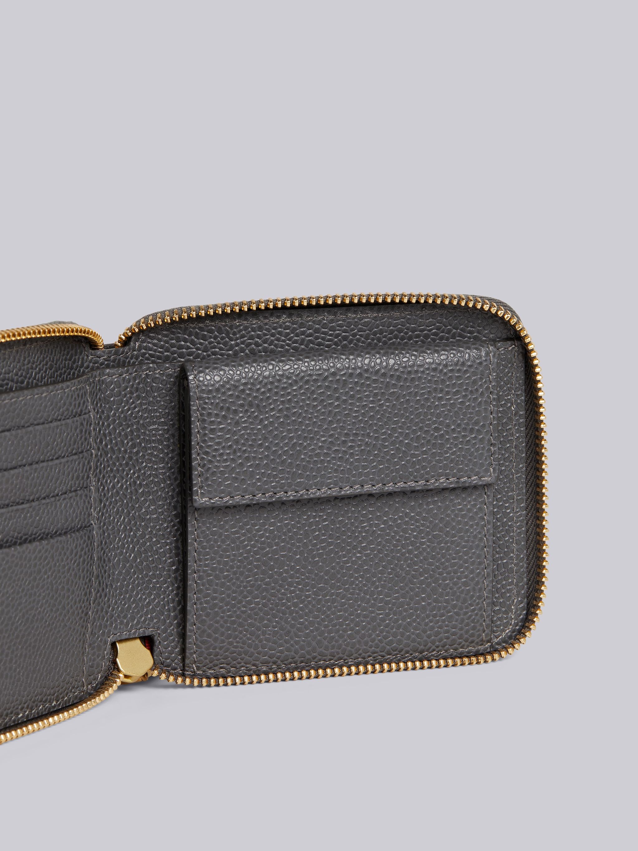 Dark Grey Pebble Grain Leather 3d Kite Half Drop Compact Zip Wallet With Strap - 2