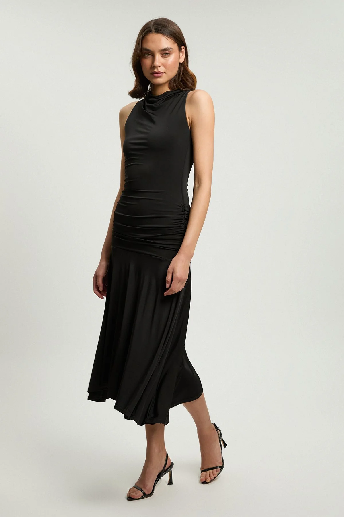 Petite Stretch Drapey Crepe Ruched Hanky Hem Midi Dress - 1