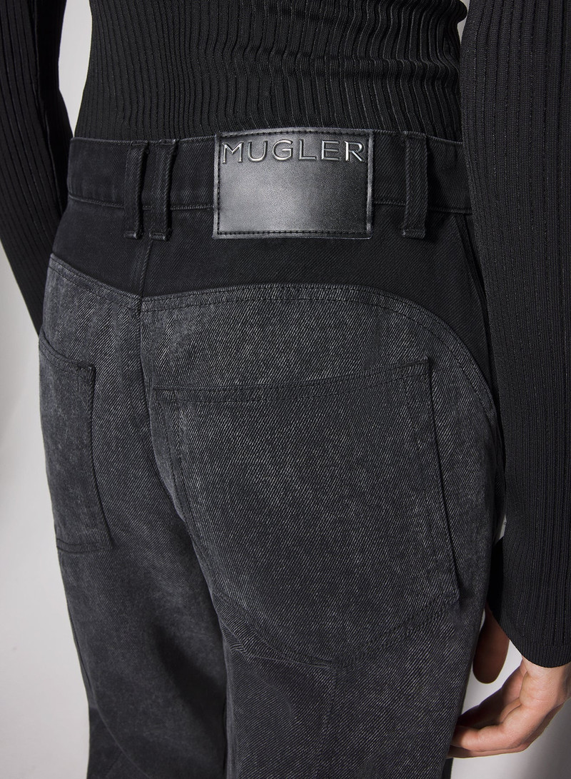 washed black bi-material straight leg jeans 4