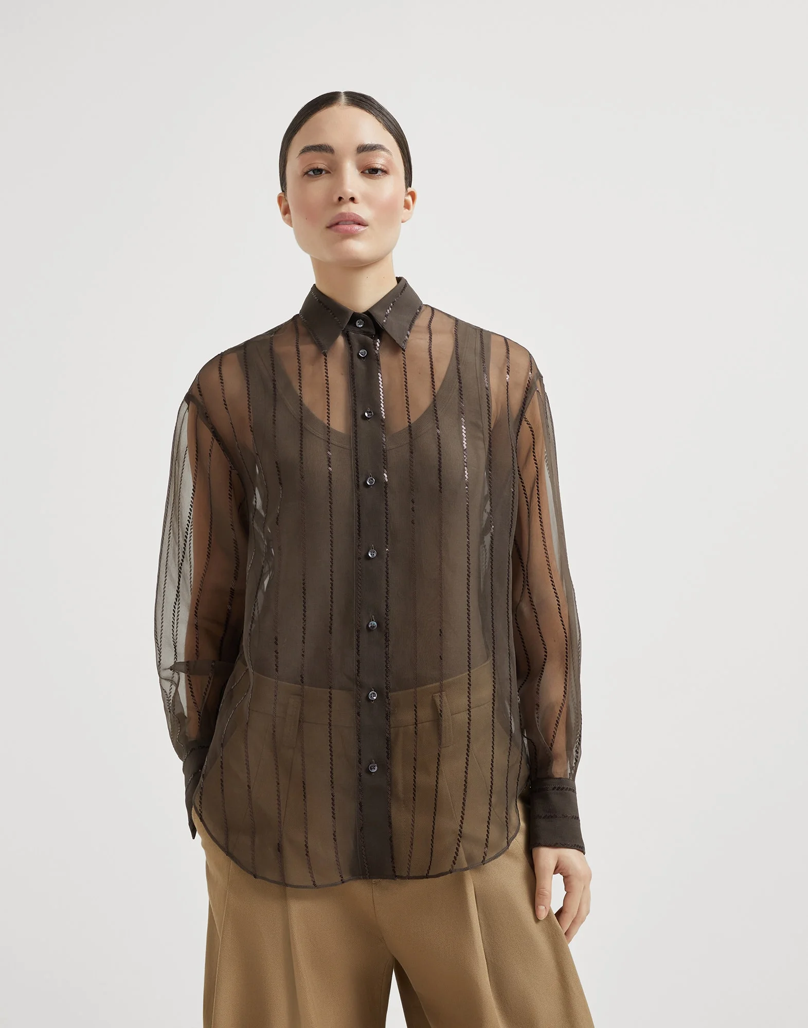 Crispy silk shirt with dazzling chalk stripe embroidery - 1