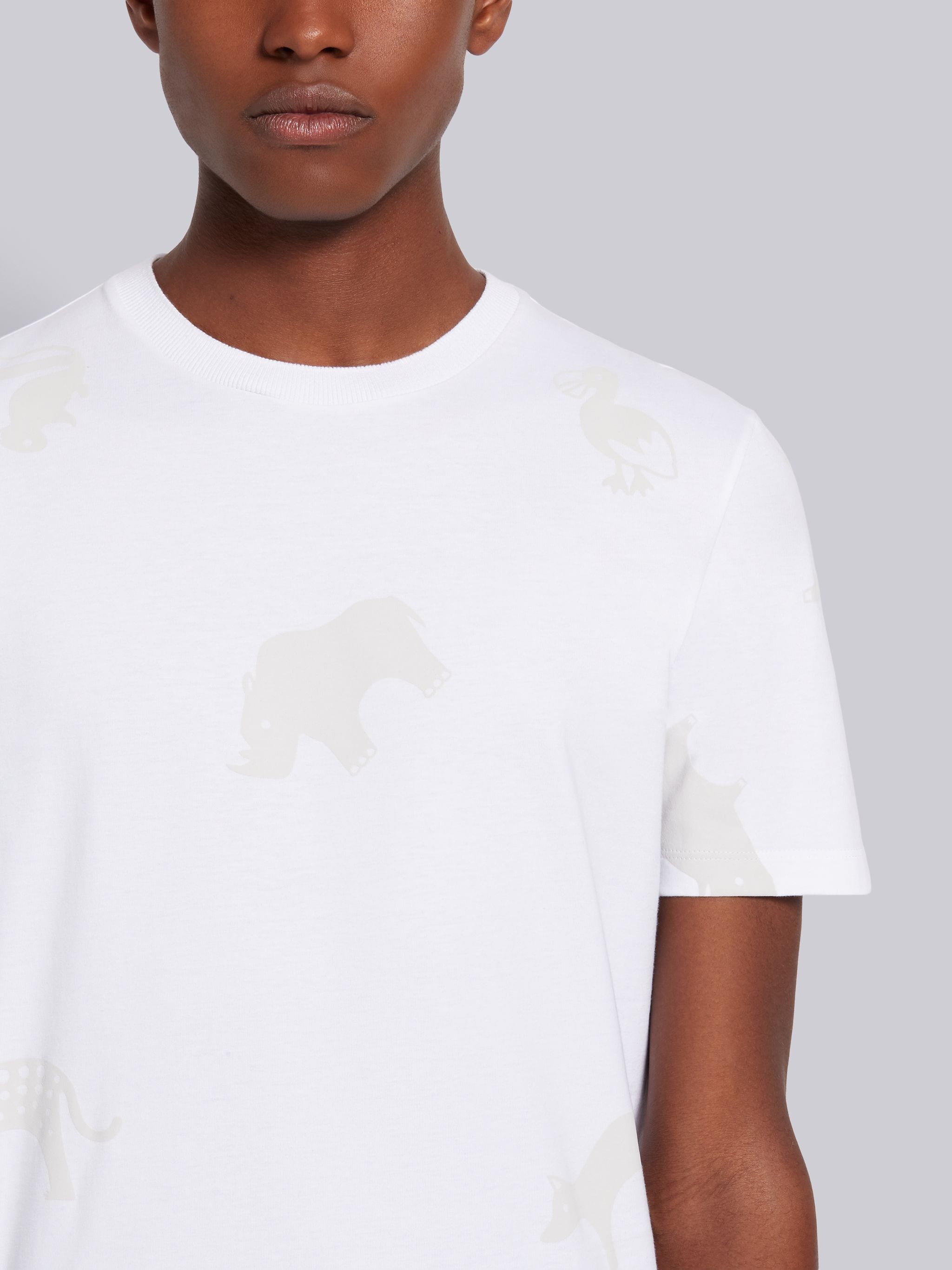 White Cotton Jersey Tonal Multi-Animal Icon Print Short Sleeve Tee - 5