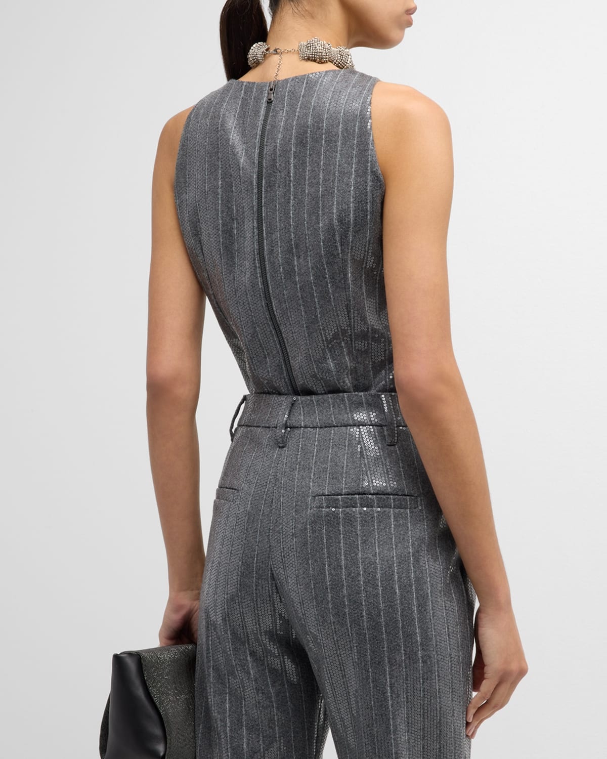 Pinstripe Sequin Embroidered Flannel Sleeveless Top - 4