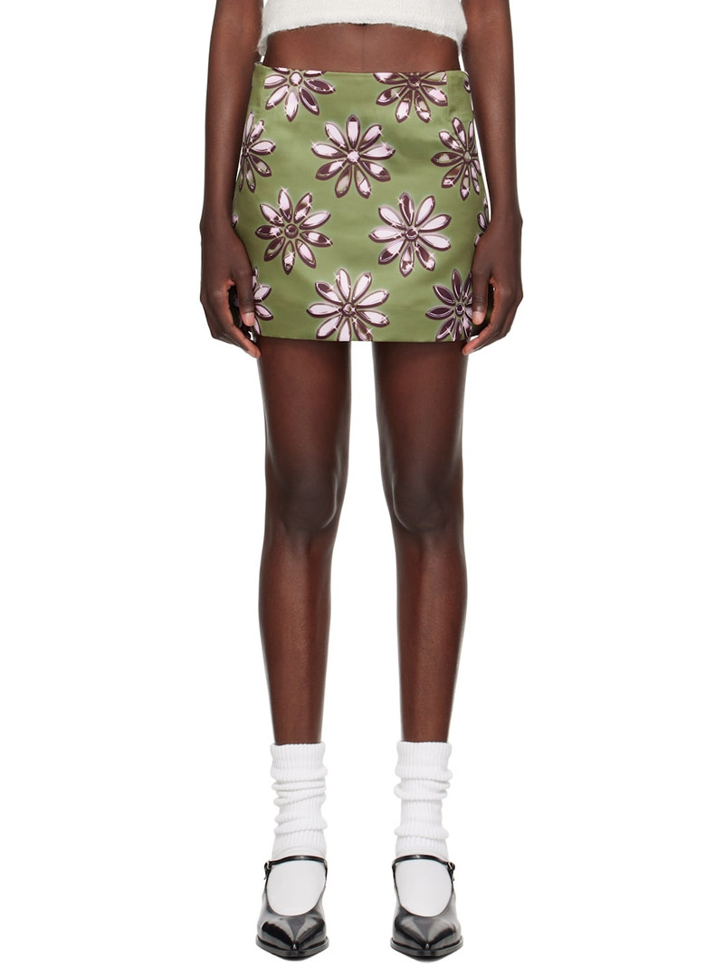 Khaki Daisy Scuba Satin Straight Miniskirt 1