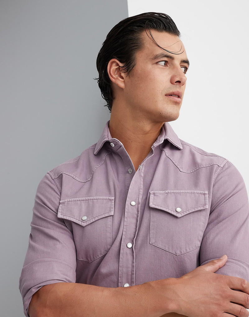 Garment-dyed easy fit western shirt in lightweight denim 3