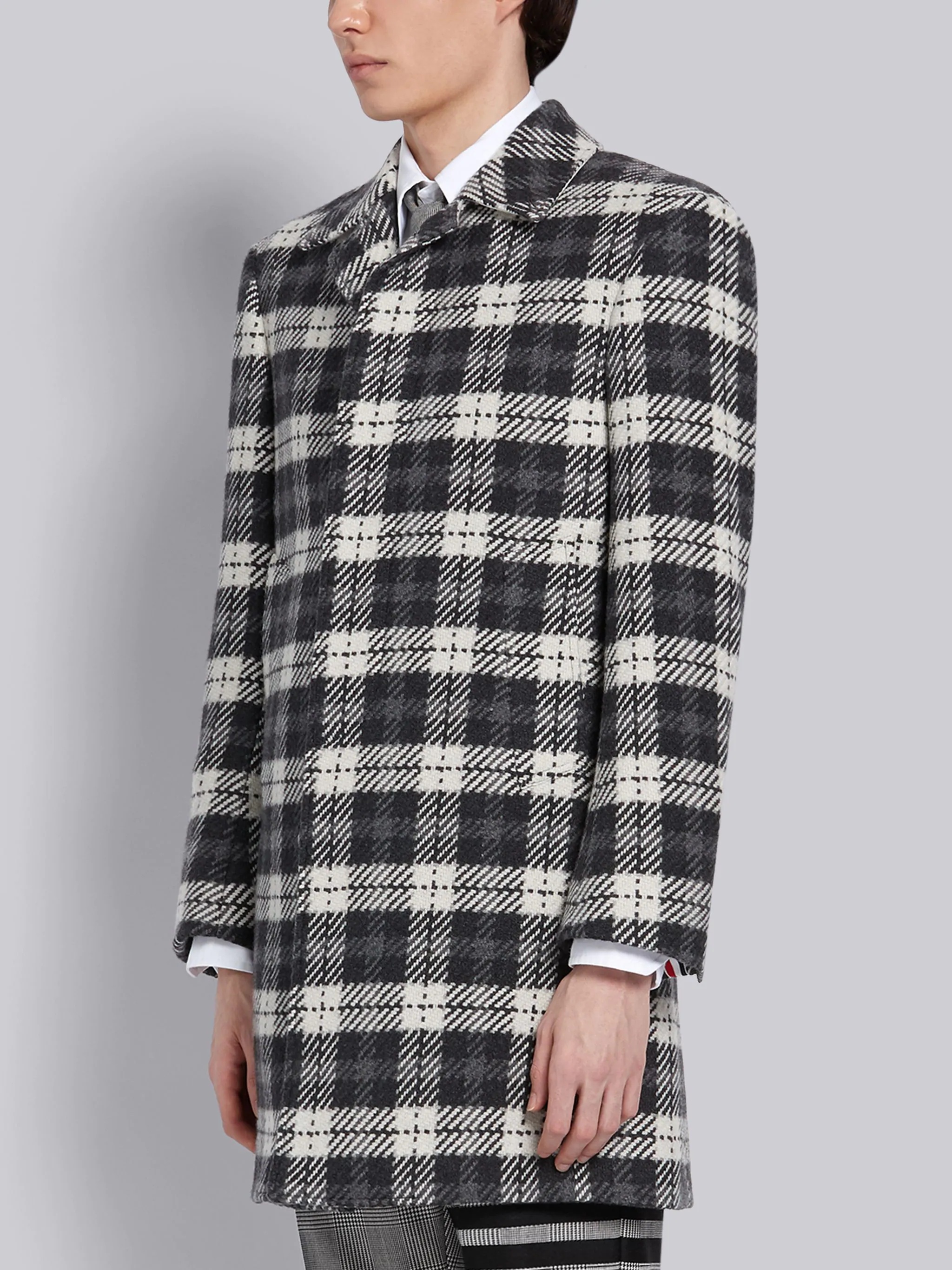 Medium Grey Cashmere Tartan Check Tweed Classic Bal Collar Coat - 3