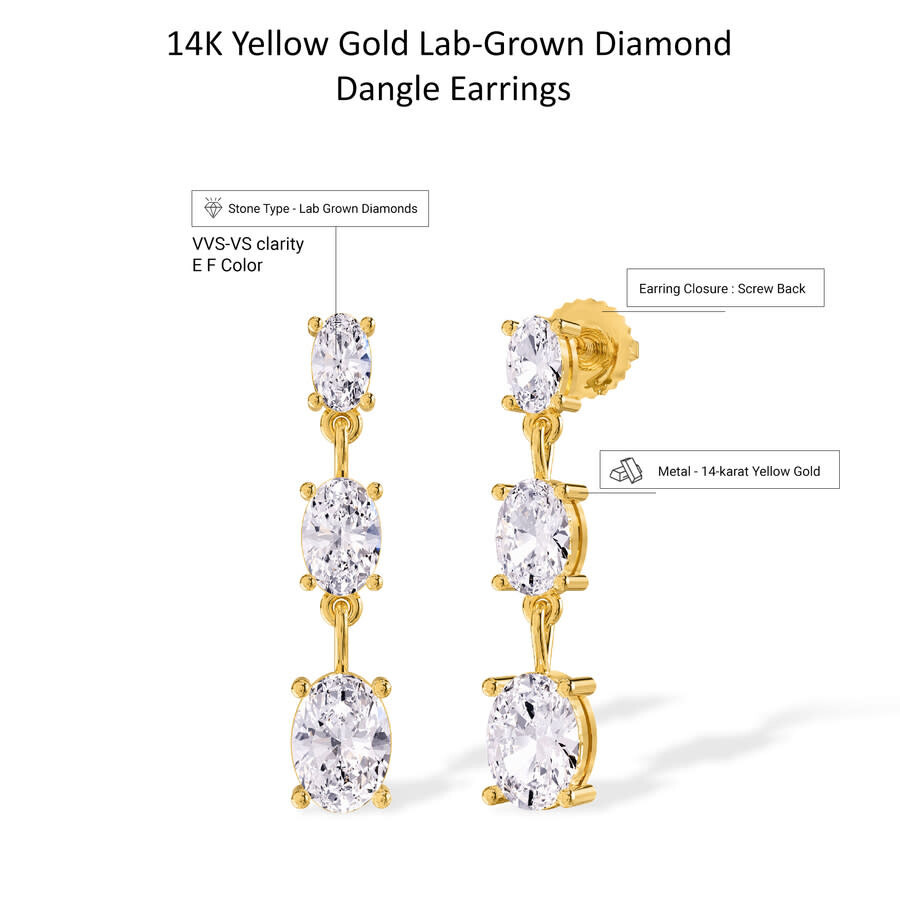 Diamond2Deal - Diamond2Deal 14k Yellow Gold 2.60 Ct Oval Cut Lab Grown Diamond Drop & Dangle Earrings VVS-VS, E-F - 3
