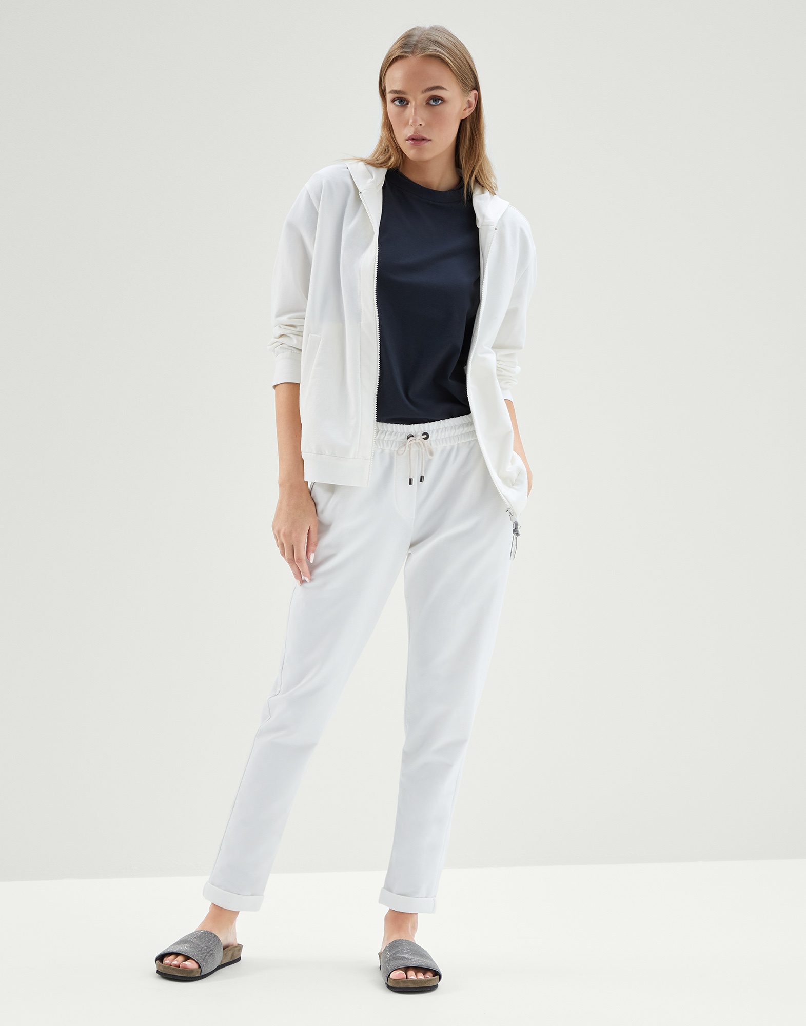 Stretch cotton lightweight French terry trousers with monili - 4