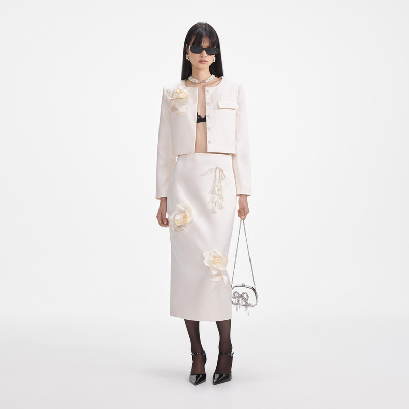 Cream 3D Flower Satin Midi Skirt 4