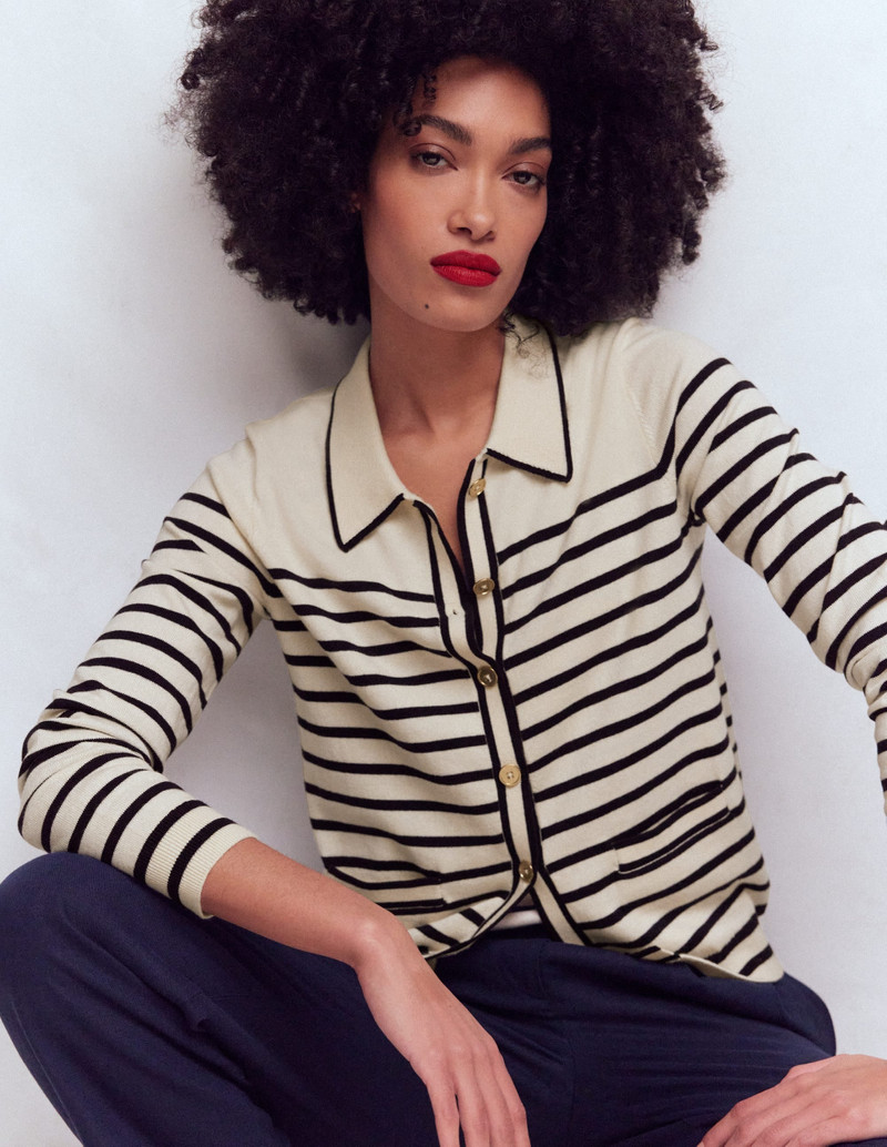 Liz Knitted Collared Cardigan-Ivory/ Navy 6